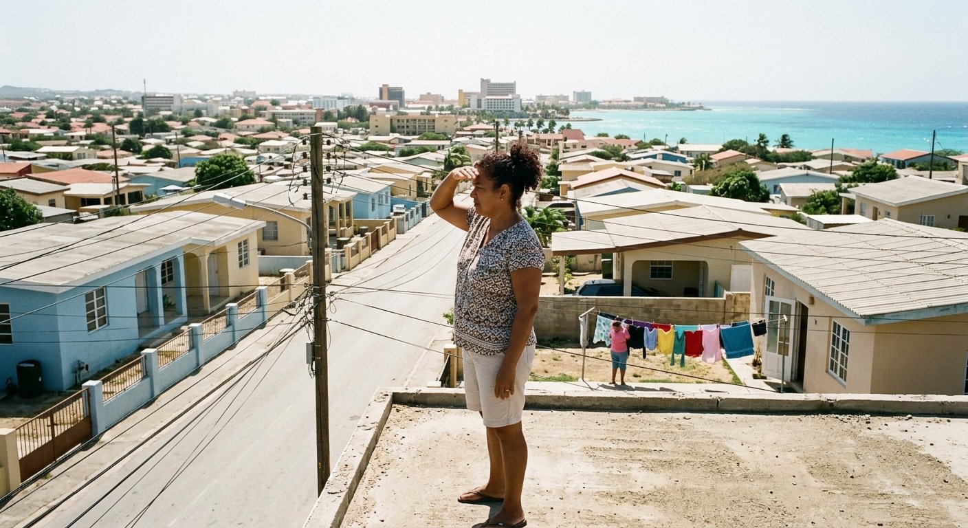 Woman on rooftop of concrete house in Oranjestad neighborhood, utility poles and power lines visible along street below