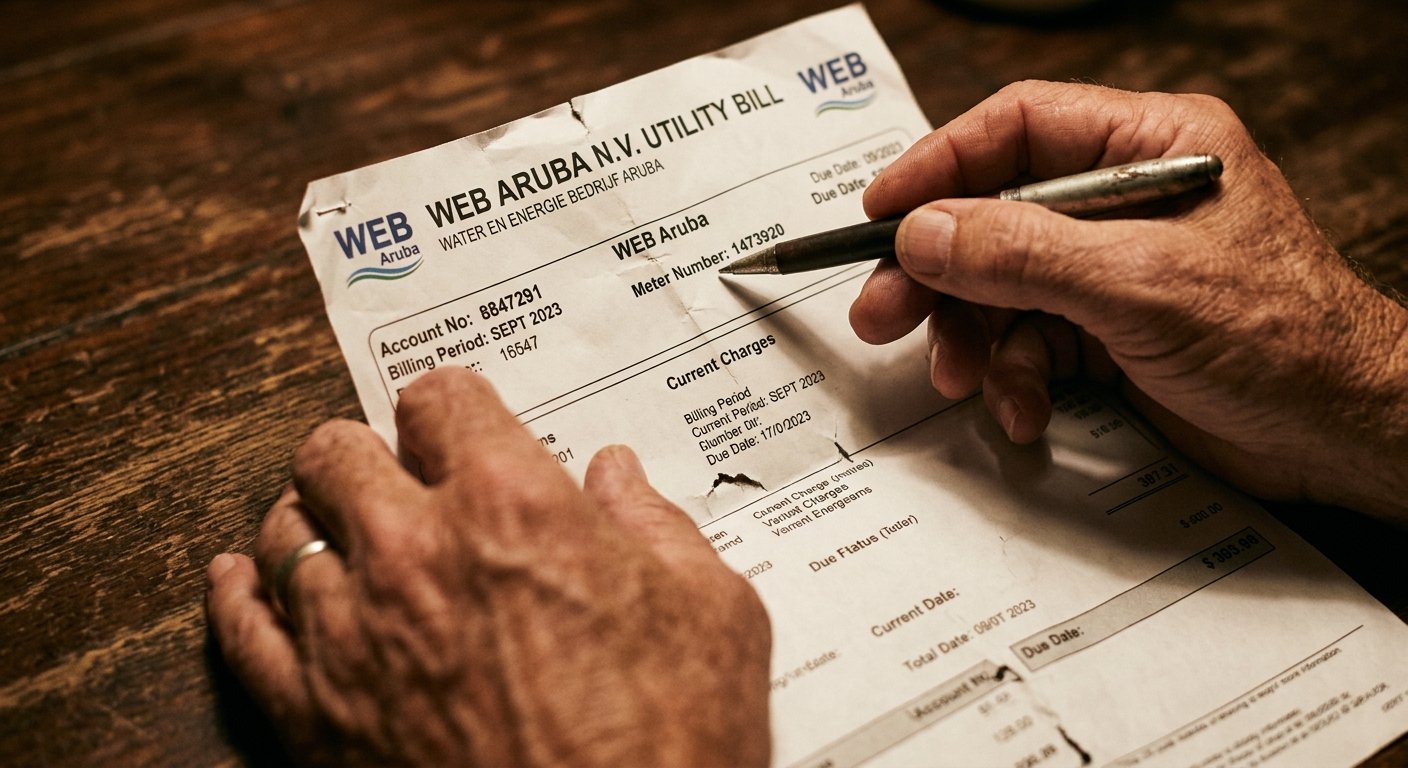 Weathered hands holding a utility bill under warm light, pen tip pointing to the meter number near the top of the page.