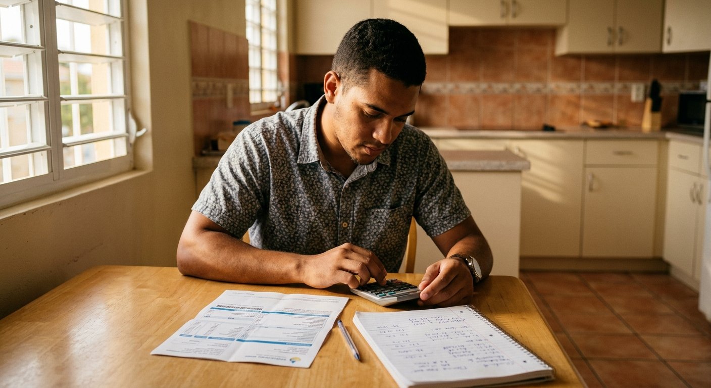 Young man at a sunlit kitchen table calculating figures from a utility bill with a calculator and handwritten notepad nearby.