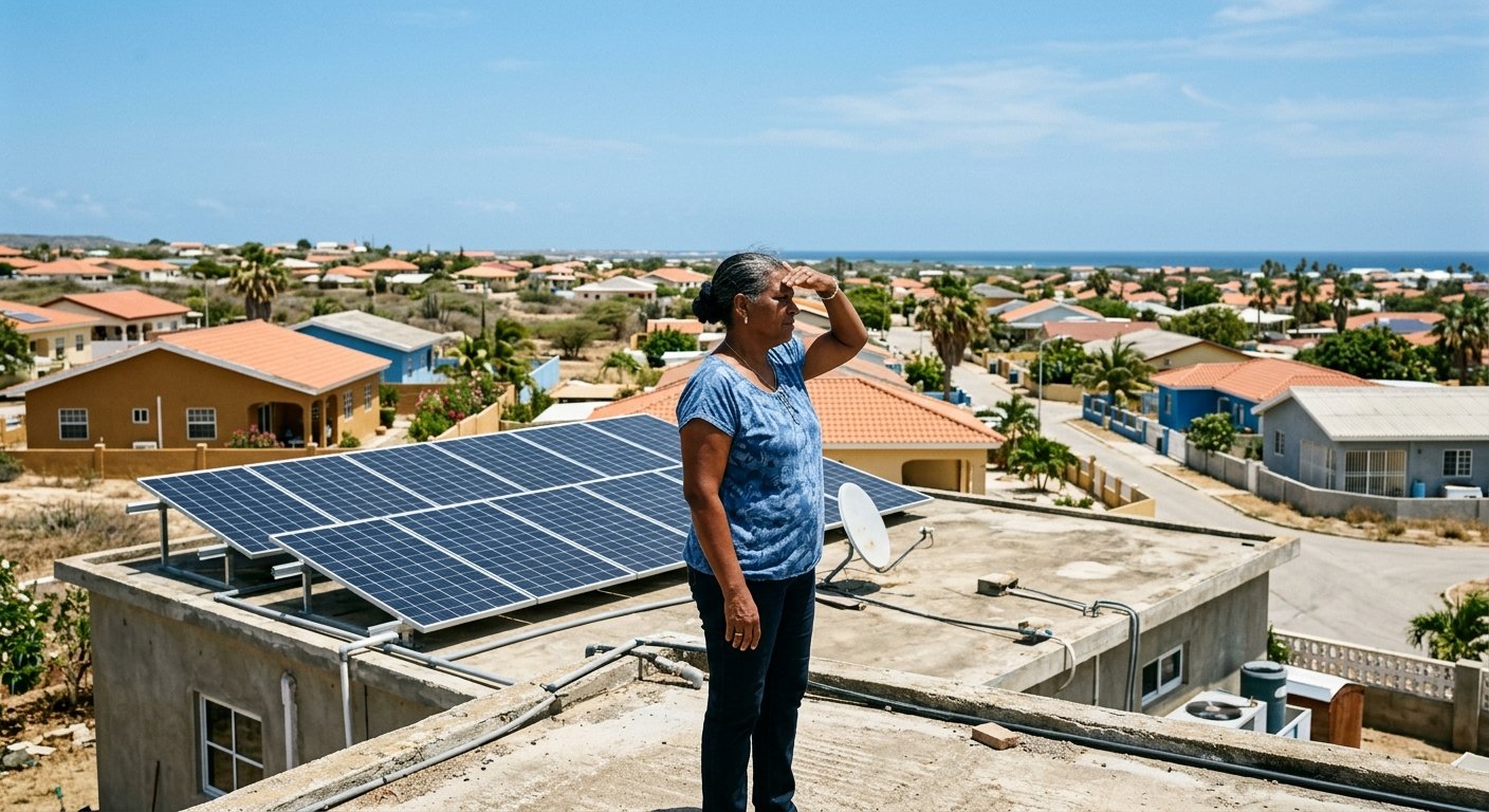 Woman on a sun-drenched Oranjestad rooftop beside newly installed solar panels, residential neighborhood and blue sky behind 