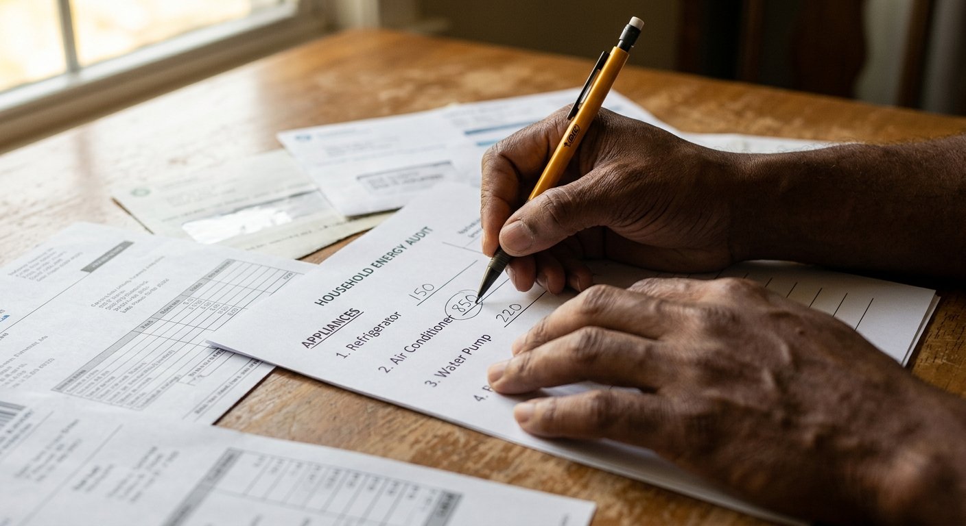 Close-up of hands circling appliance wattage figures on a printed energy audit worksheet beside utility bills on a wooden tab