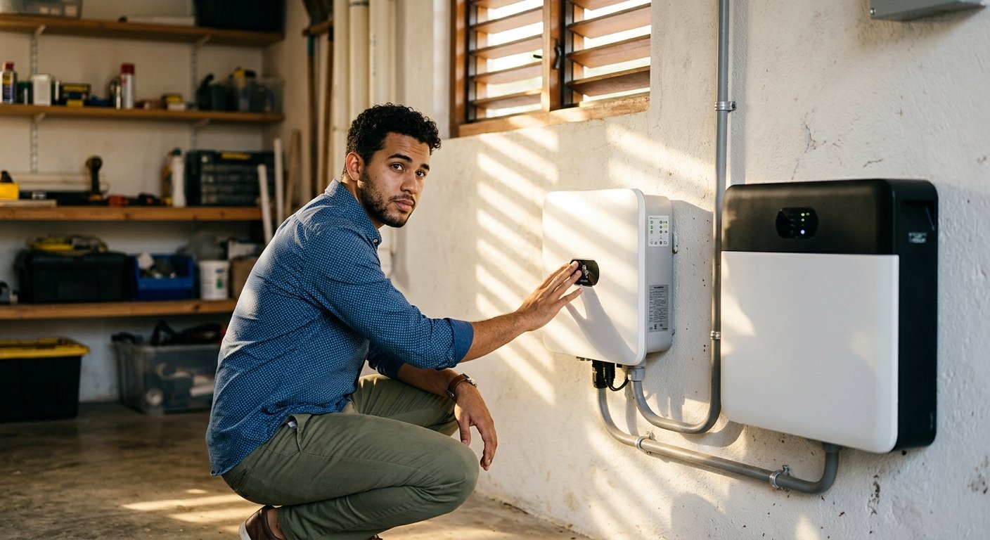 Young Aruban man crouching beside a wall-mounted solar inverter and battery unit inside a sunlit home utility room