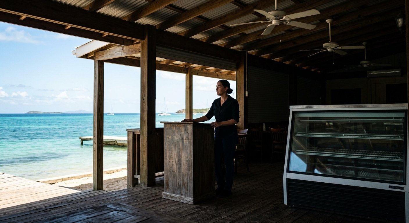 A server stands at a dark, powerless island restaurant at midday, fans still, refrigerator unlit, sea visible behind her.