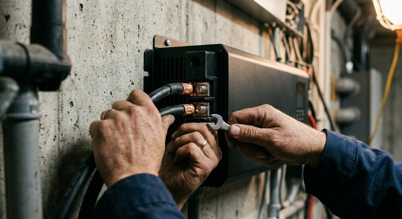 Technician's hands fastening copper cables to a black battery inverter terminal block inside a concrete utility room