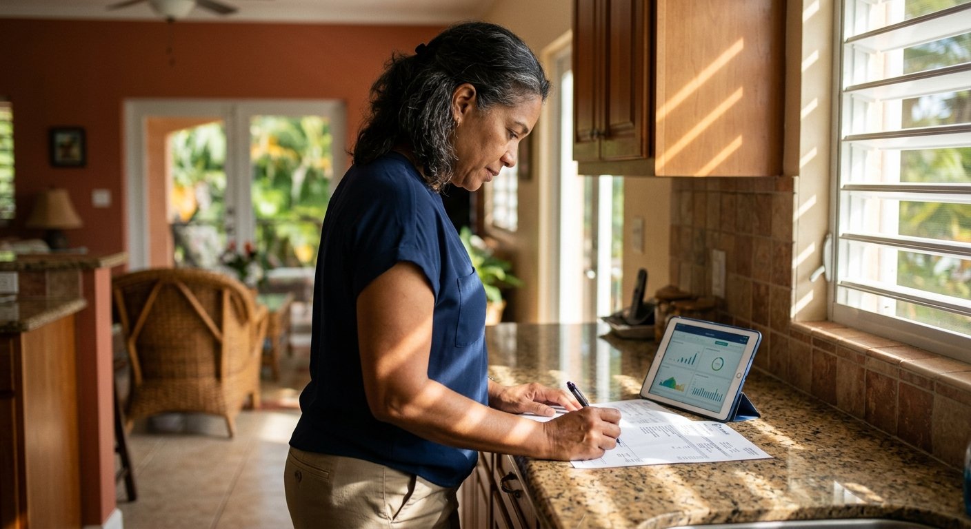 Woman reviewing a utility bill at a kitchen counter beside a tablet, morning light through louvered windows, Caribbean home i