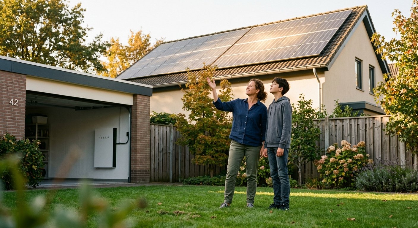 Woman and teenager in backyard looking at rooftop solar panels, with a wall-mounted battery unit visible inside an open garag