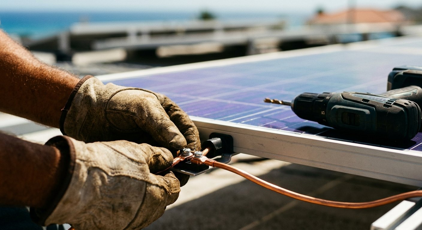 Close-up of gloved hands wiring solar panel terminals on a sun-drenched rooftop, with blue photovoltaic cells in background