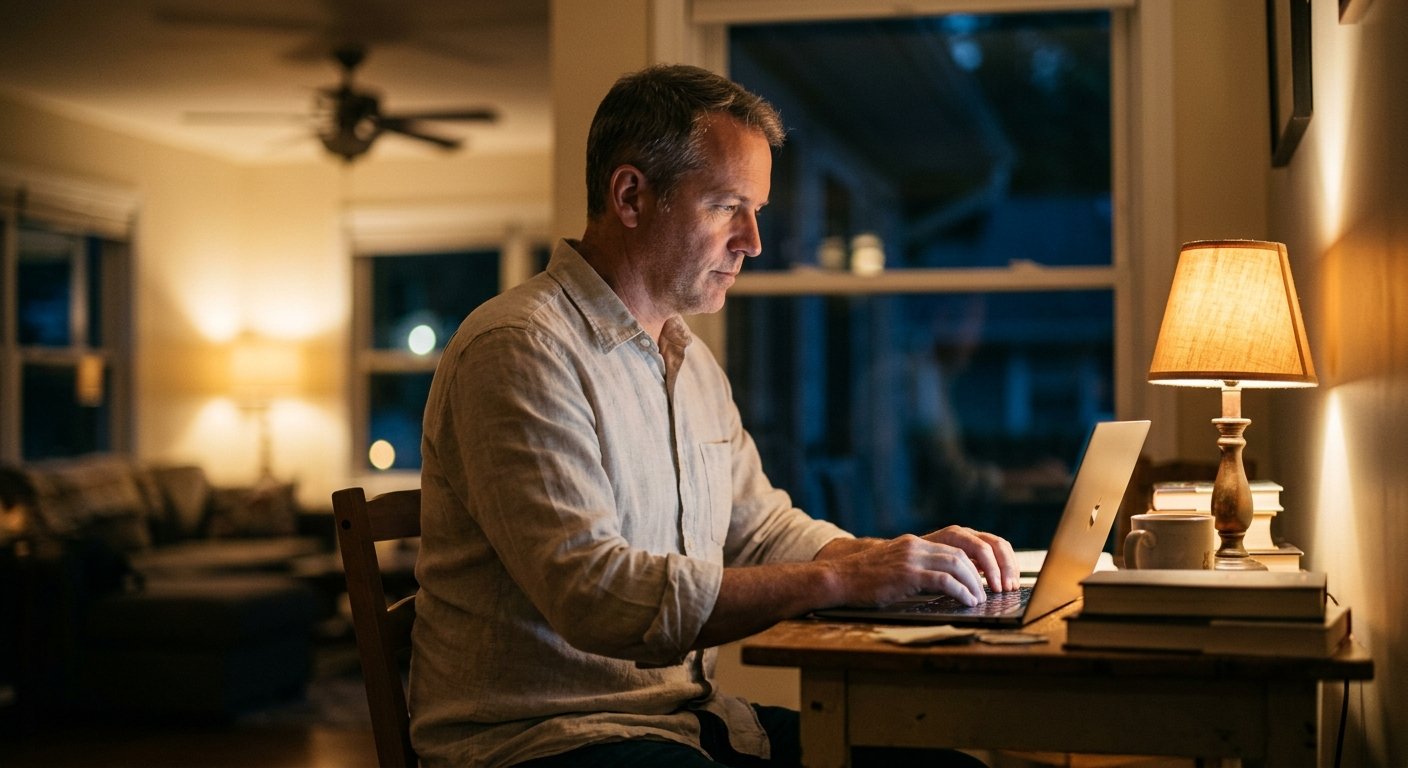Man works calmly at a glowing laptop in a home office during a power outage, lamp and fan still running