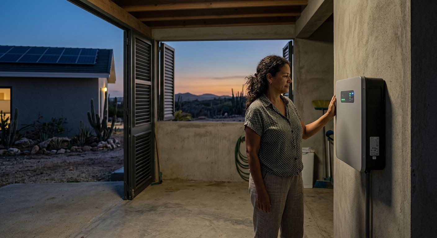 Woman checking a wall-mounted home battery storage unit in an open utility room at dusk, solar panels visible on the roof beh