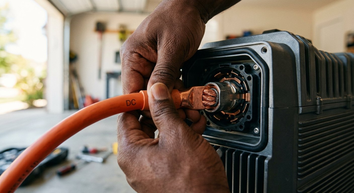 Close-up of hands plugging an orange DC cable into the back port of a home solar battery unit in a sunlit garage.