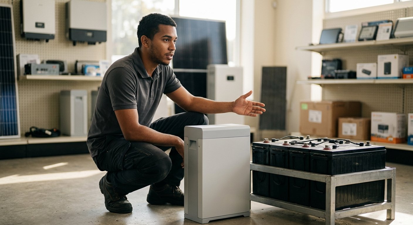 Young man crouching beside a slim LFP battery cabinet and a bulkier lead-acid battery bank in a sunlit solar showroom