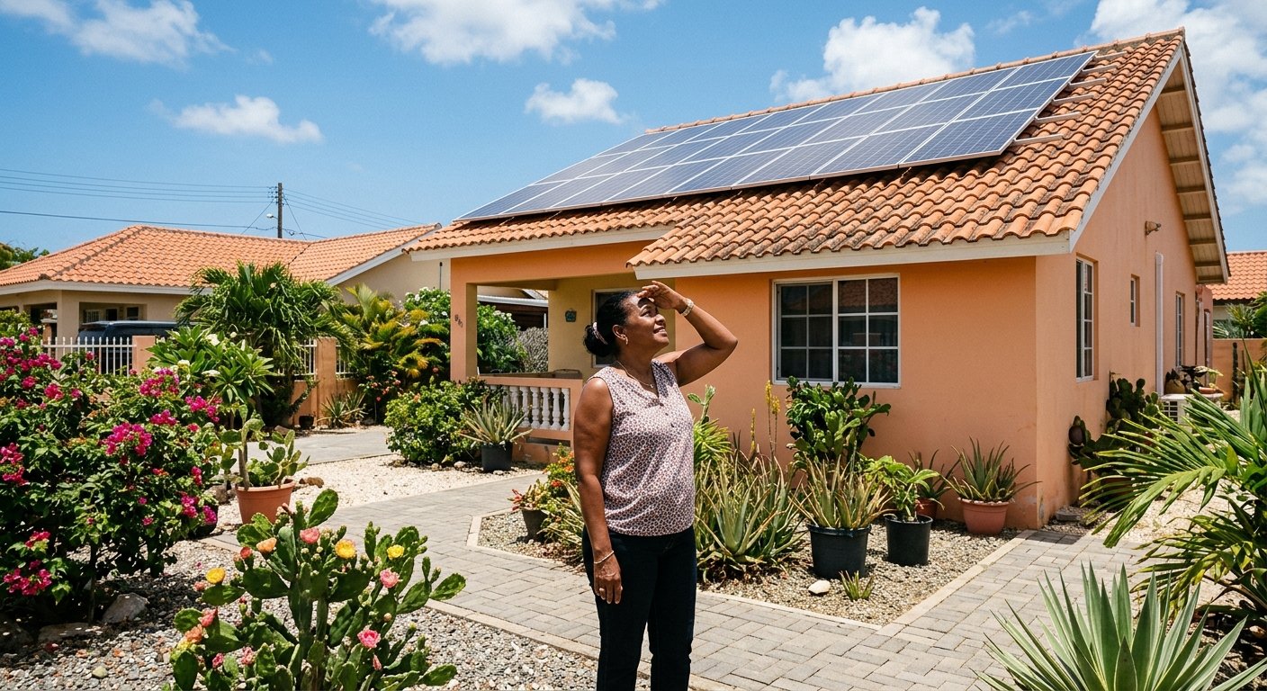 Aruban woman standing in her sunny backyard looking up at solar panels installed on her tiled home roof in Oranjestad