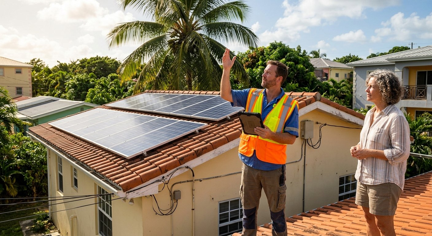 Solar assessor and homeowner on a residential rooftop surrounded by trees and neighboring buildings on a sunny island morning