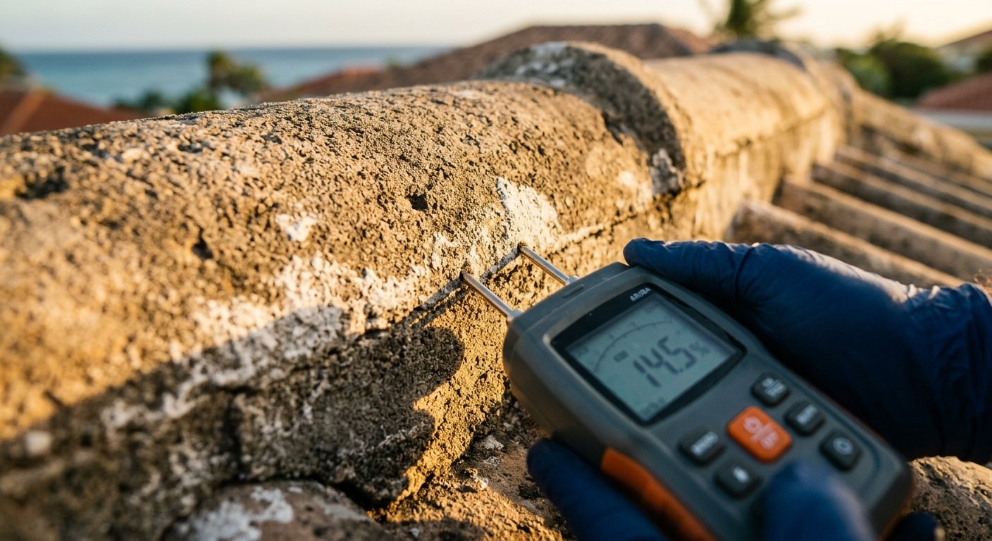 Gloved hands pressing a digital moisture meter against a weathered concrete roof tile showing salt deposits in warm afternoon