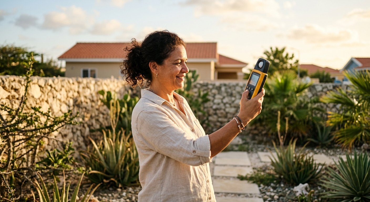 Woman holding a solar irradiance meter toward the sky in an Aruban backyard, reading the display in late-afternoon light.